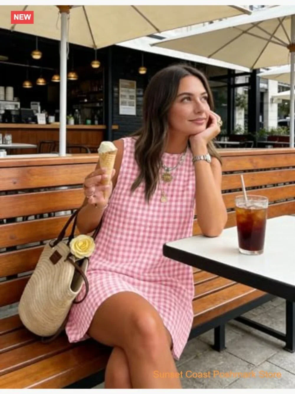 Sleeveless Gingham Mini Sundress with Pockets High Neck A-Line - Picture 3 of 4